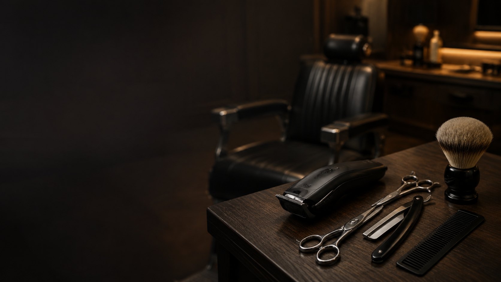 Concept image of unbranded barber tools on a dark wood station